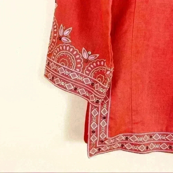 J. Crew Coral Embroidered Embellished V-Neck Linen Kimono Tunic Top Size XS - Picture 4 of 12